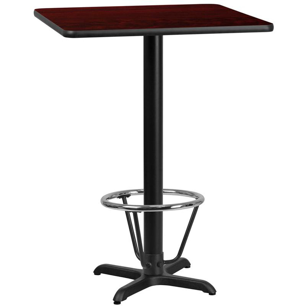 30 inch square laminate table top with 22 inch x 22 inch bar height table base and ft ring