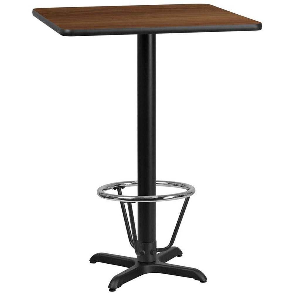 30 inch square laminate table top with 22 inch x 22 inch bar height table base and ft ring